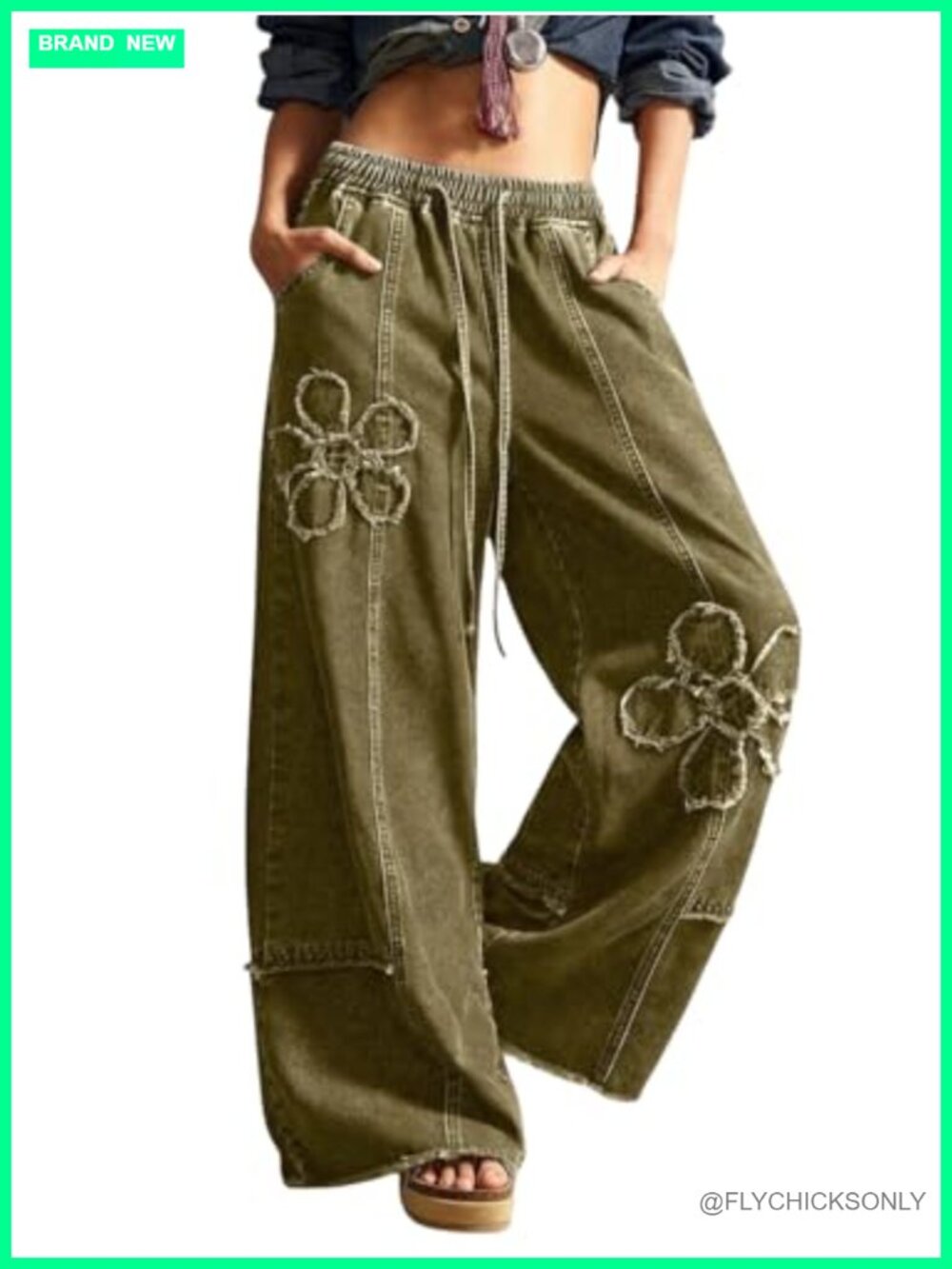 Women's Wide Leg Floral Jeans Y2K Distressed Fringe Baggy Denim Culottes